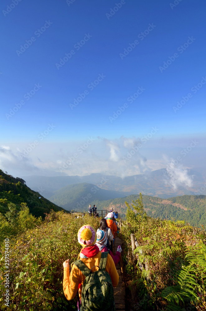 Travelers traveling in grassland, ecotourism in beautiful nature environment in trail on ridge of mountain view, hiker hiking on mountain, ecotourism trekker trekking over cloud and valley landscape