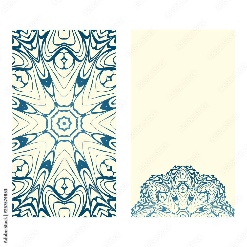 Invitation Or Card Template With Floral Mandala Pattern. Decorative Background For Wedding, Greeting Cards, Birthday Invitation. The Front And Rear Side. Milk blue color
