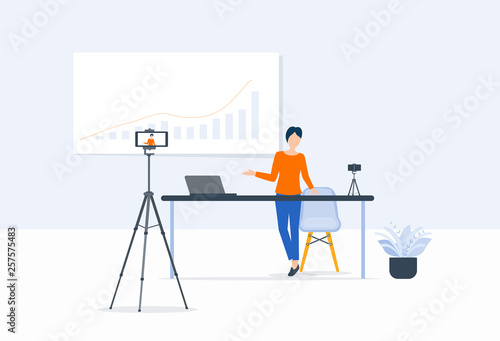 flat Vector illustration people record video for business finance presentation online concept and making video clip for online channel concept