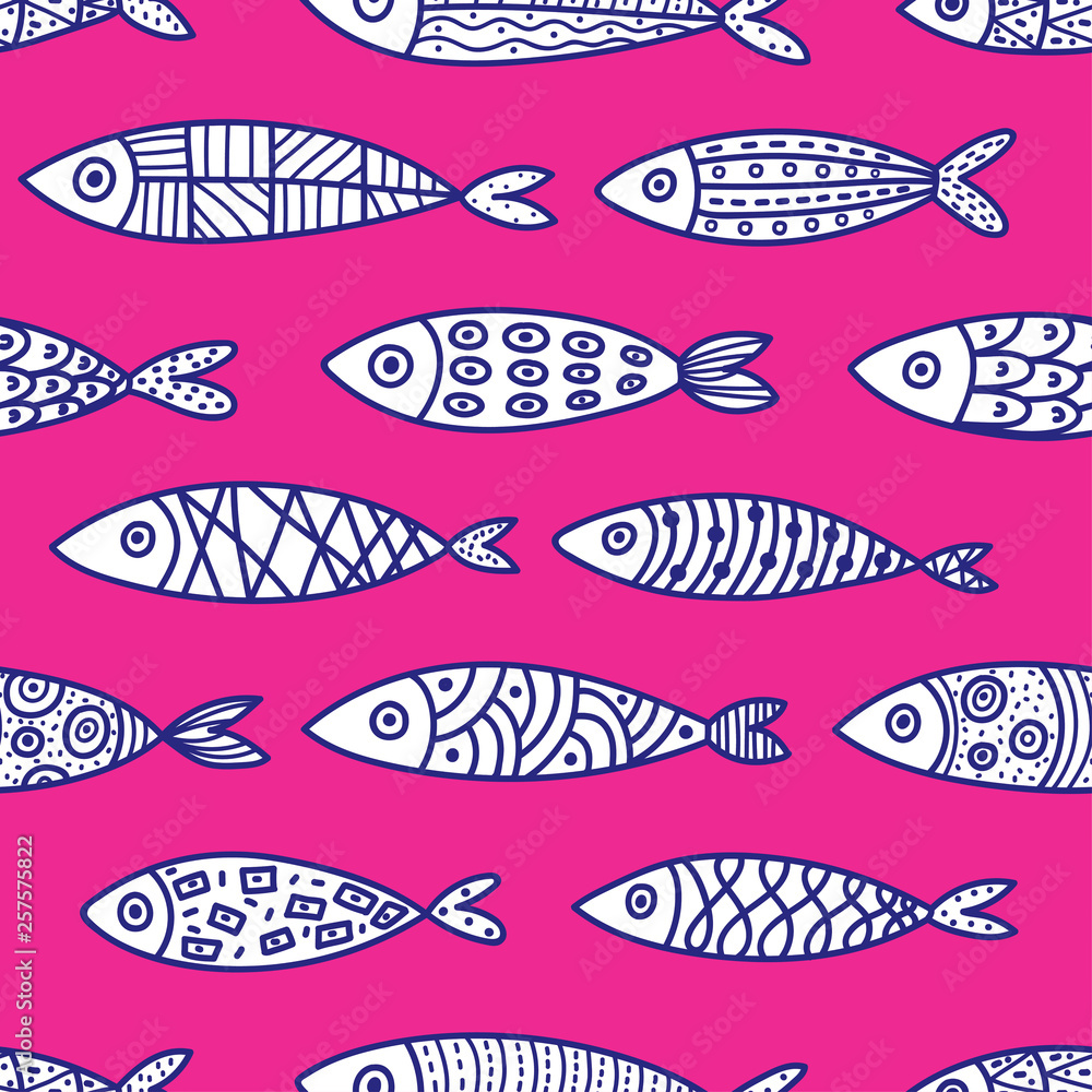 Fish. Cute vector line seamless pattern. Endless pattern can be used for ceramic tile, wallpaper, linoleum, textile, web page background. Fish. Cute vector line seamless pattern. Endless pattern can be used for ceramic tile, wallpaper, linoleum, textile, web page background.