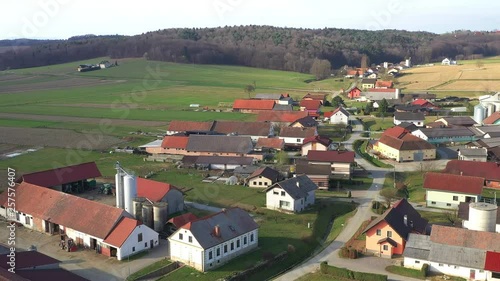 Revealing backward flying aerial view of village in Europe, residential area surrounded by corn and wheat fields, large live stock and dairy farm with traditional house in front photo