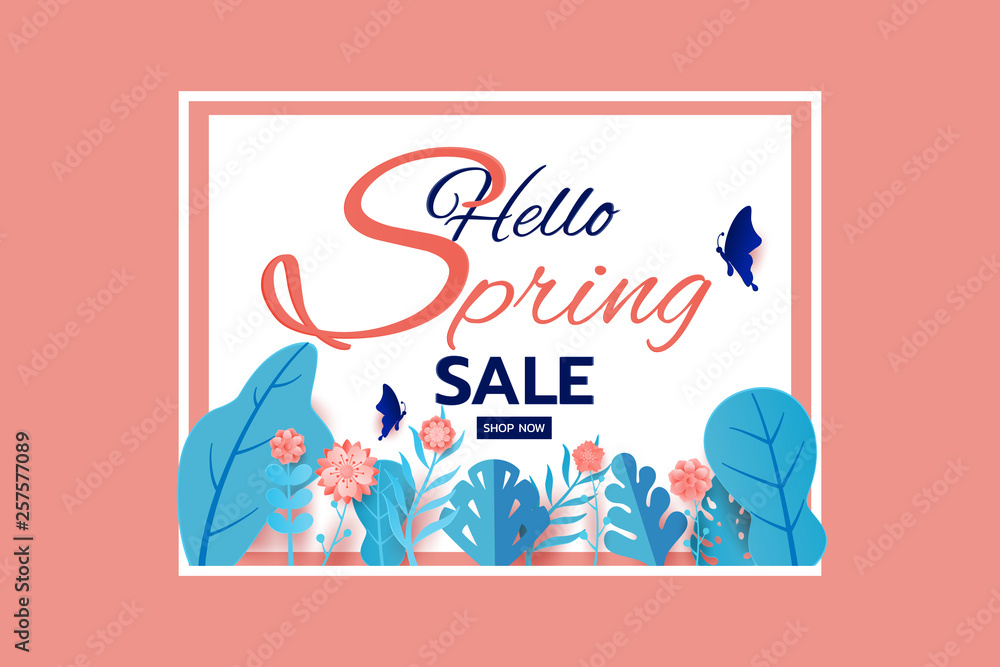 Paper art style. Spring sale banner design leaves flower and butterfly. Promotion offer template, banners, brochure, voucher discount, flyers, invitation, posters, wallpaper. Paper cut modern design. Paper art style. Spring sale banner design leaves flower and butterfly. Promotion offer template, banners, brochure, voucher discount, flyers, invitation, posters, wallpaper. Paper cut modern design.
