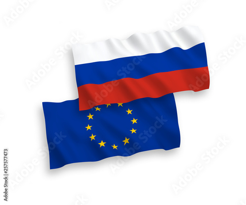 Vector Russian and European Union flags isolated on white background. 1 to 2 proportion.