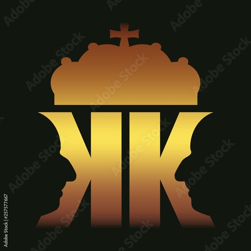 King logo. Royal luxury emblem. Face and crown icon. Business fantasy golden badge with double K letter