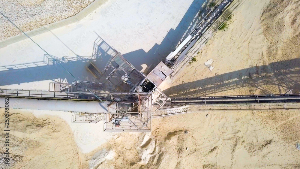 Stone sorting conveyor belt in a large Quarry - Aerial view
