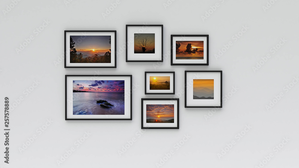 picture in photo frame on wall.Concept Sunset (3d rendering) picture in photo frame on wall.Concept Sunset (3d rendering)