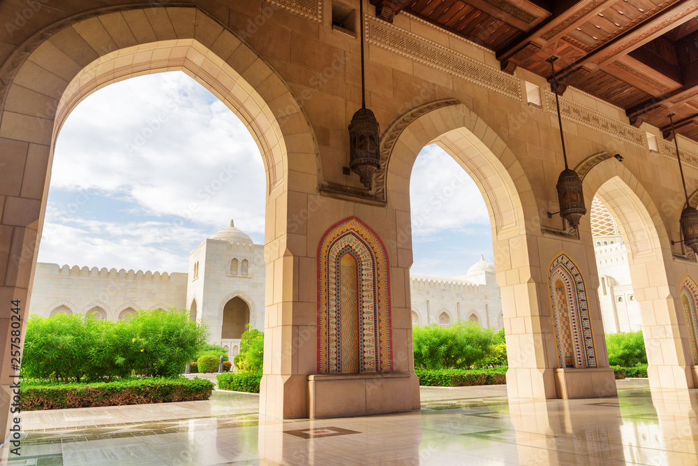 View of the Sultan Qaboos Grand Mosque from arched passageway