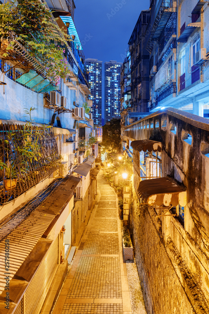 Fototapeta premium Beautiful night view of deserted street at old town, Macau