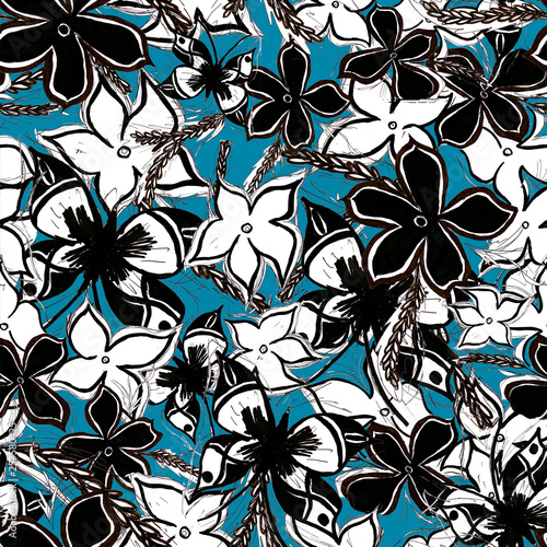 black and white flowers and butterflies on a blue background