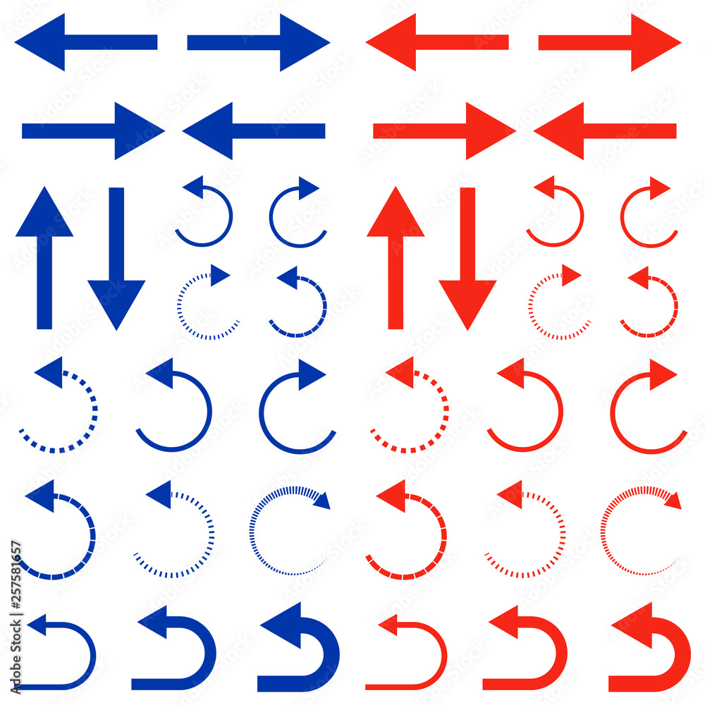 Blue and red arrows. Collection of arrows. Graphic design elements. Different arrows isolated on white background. Blue and red arrows. Collection of arrows. Graphic design elements. Different arrows isolated on white background.