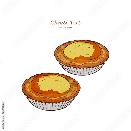 Baked cheese tart, hand draw sketch vector.