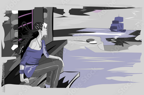 The girl is waiting for the ship