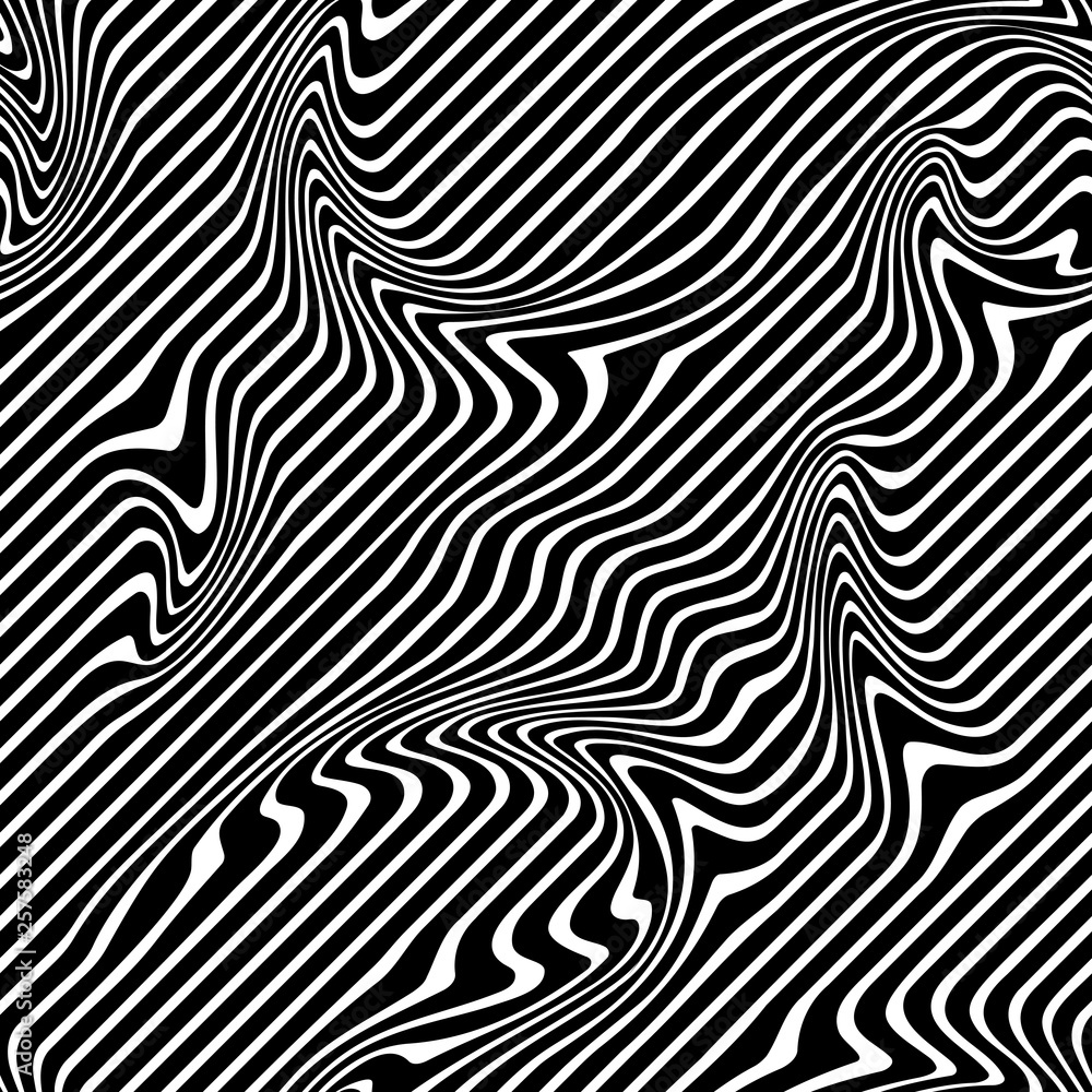 Curve Random Chaotic Lines Abstract Geometric Pattern Texture, Modern, Contemporary Art Illustration with Black White Striped Lines. Optical illusion and Curved lines. Op art.