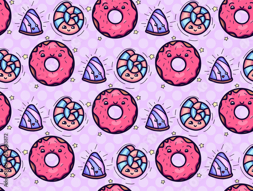 Seamless texture with cute, kawai donut and candy on pink polka background. Vector pattern for textiles, fabrics, wrapping paper, cards and for your design