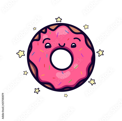 Cute, kawai pink donut with topping and little stars. Object separated from the background. Vector element for your wrapping, card, textiles, stickers, pins, badges and for your creativity.