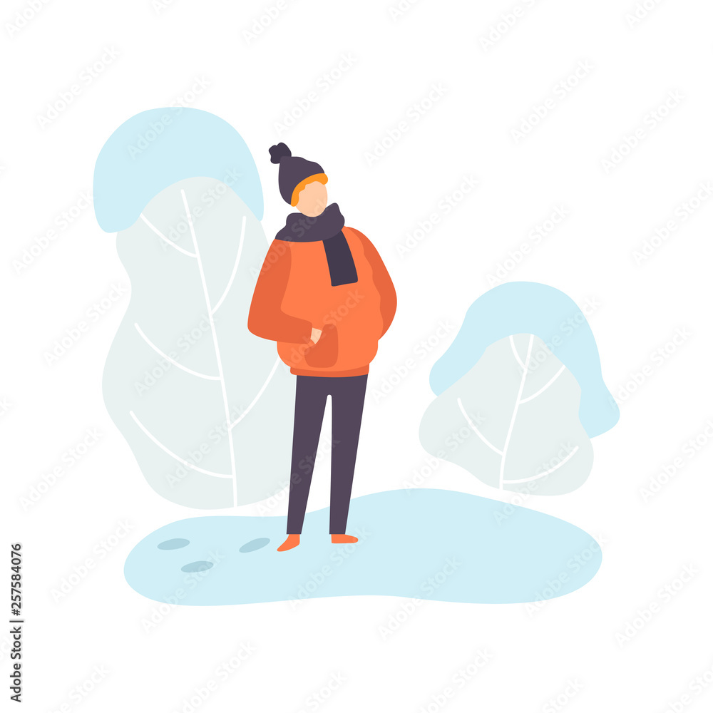 Boy Wearing Warm Winter Clothes, Winter Season Outdoor Activities Vector Illustration