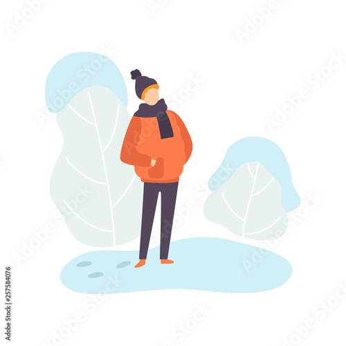 Boy Wearing Warm Winter Clothes  Winter Season Outdoor Activities Vector Illustration