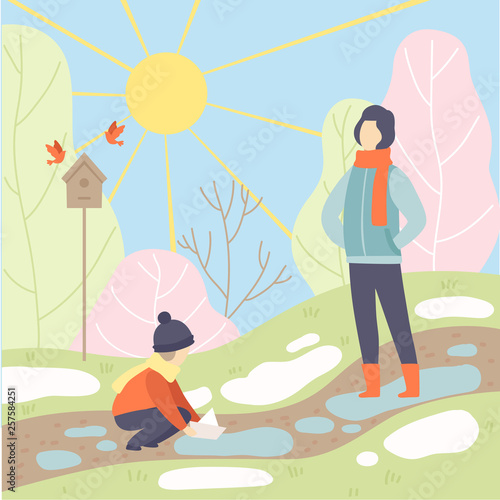 Father and His Son Walking in Spring Park  Season Change From Winter to Spring Vector Illustration