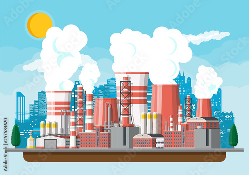 Factory building. Industrial factory, power plant. Pipes, buildings, warehouse, storage tank. Cityscape urban skyline with clouds, trees and sun. Vector illustration in flat style