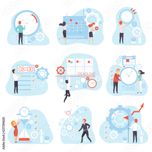 Business People Planning and Controlling Working Time Set, Time Management Business Concept Vector Illustration