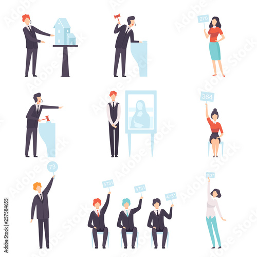 Auction Public Sale Set, People Bidding and Bying Goods and Property, Auctioneer Announcing Prices with Gavel Vector Illustration
