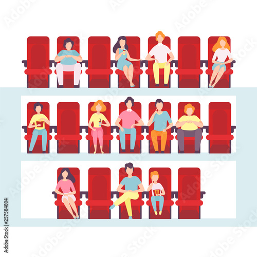 People Sitting in Cinema Hall, Men, Women and Children Watching Film, Eating Popcorn and Drinking Soda in Movie Theater Vector Illustration