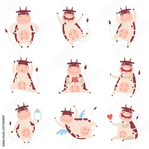 Cute Funny Cow Characters Set, Cheerful Farm Animal in Different Poses Vector Illustration