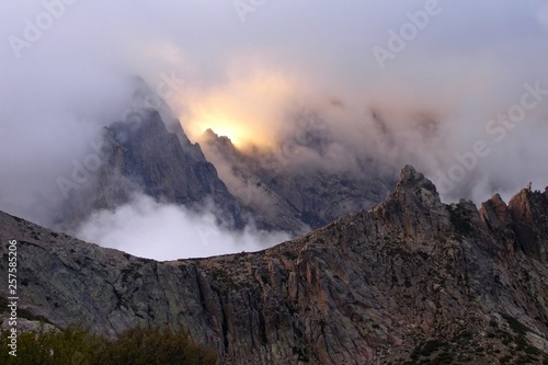 Sunset in the mountains of the island of Corsica, trekking route GR-20