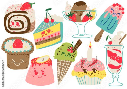 Delicious Desserts Set, Confectionery and Sweets, Cake, Popsicle, Cupcake Vector Illustration