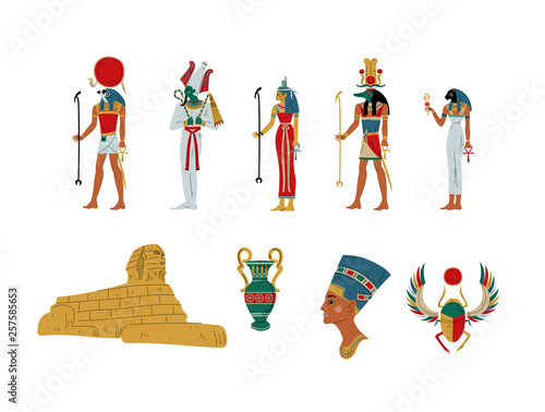 Egypt Ancient Symbols, Gods and Goddess Set Vector Illustration