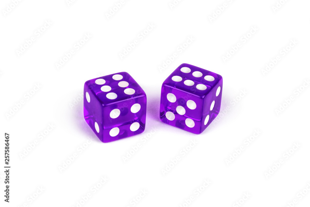 Two purple glass dice isolated on white background. Six and six Two purple glass dice isolated on white background. Six and six