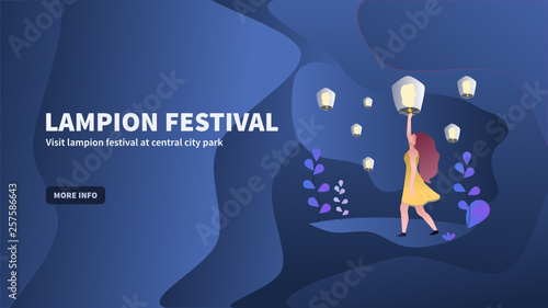 Vector illustration of the lantern or lampion festival at night with a flat, fluid, modern, simple design style. can be used on websites, blogs, ads, mobile apps, presentations, baners, etc.