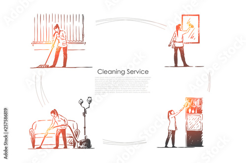 Cleaning service - washing floor, mirrors, shelves and vacuuming vector concept set
