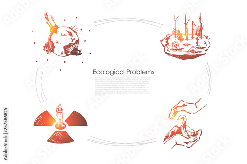 Ecological problems - saving of rare species, pollution, global wrming vector concept set