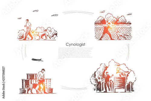 Cynologist - special people training dogs outdoors vector concept set