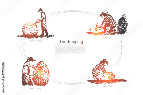 Landscaping- lawn mowing, seedlings, lawn lash, bush cutting vector concept set