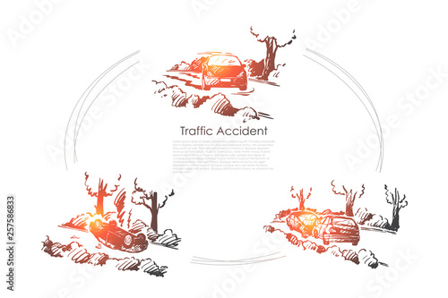 Traffic accident - broken cars at traffic accidents outdoors vector concept set