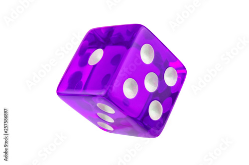 Purple glass dice closeup isolated on white without shadow.