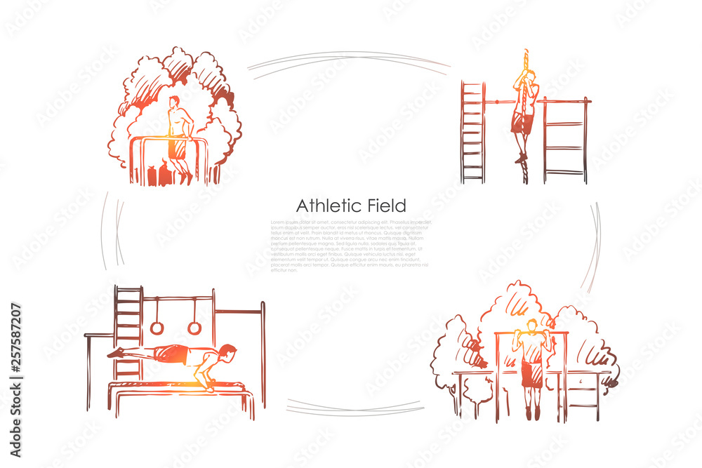 Athletic field - man doing exercises and pulling up on rope on athletic playground vector concept set
