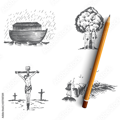 Bible narratives - Noahs ark, Adam and Eve, Jesus Christ vector concept set