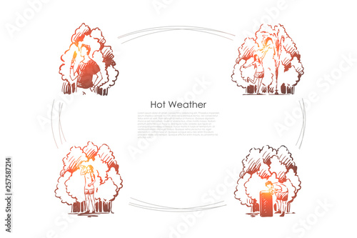 Hot weather- people eating ice cream, playing with fountain, drinking much water on summer vector concept set