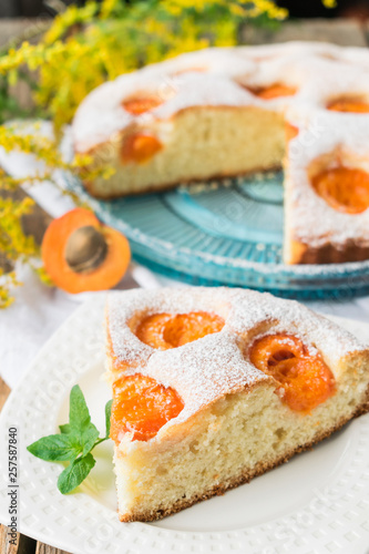 A piece of pie with apricots decorated with powdered sugar