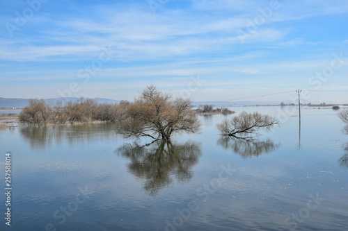 Uluabat Lake with great sky reflection and fishing boats