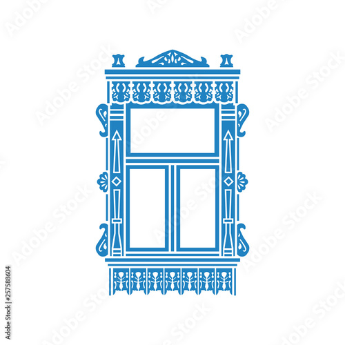 Detail of Russian traditional wooden house. Carved window platband. Vector illustration. Colored silhouette.