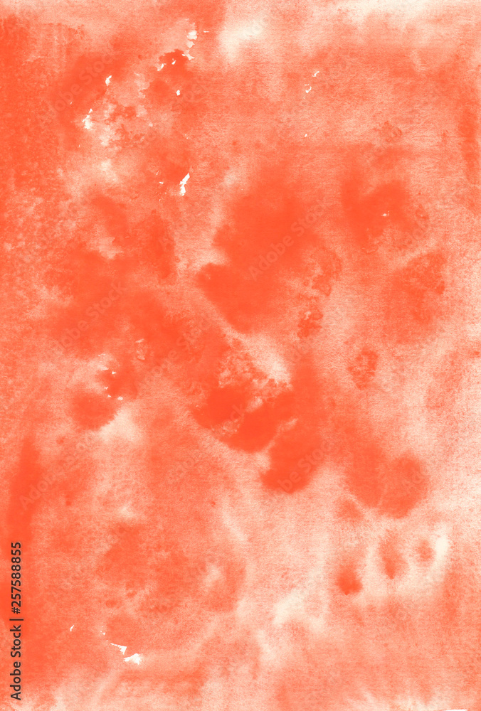 Abstract watercolor background.Orange watercolor background with interesting brush strokes and stains. Handwork on paper with paints. Blurred, vertical, macro.