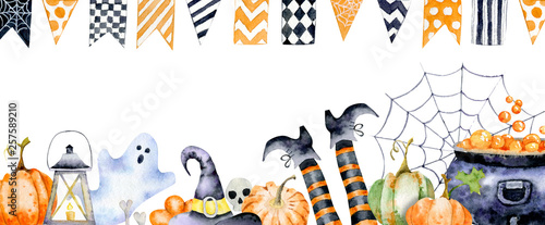 Flyer for halloween with watercolor images of holiday attributes