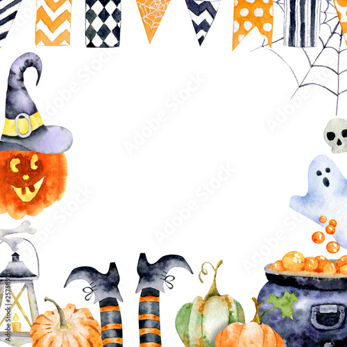 Frame for halloween with watercolor images of holiday attributes