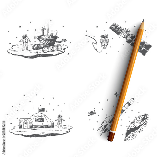 Astronaut - study of surface, orbital station, space journey, colonization vector concept set