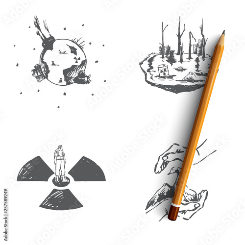 Ecological problems - saving of rare species, pollution, global wrming vector concept set