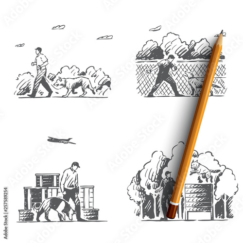 Cynologist - special people training dogs outdoors vector concept set